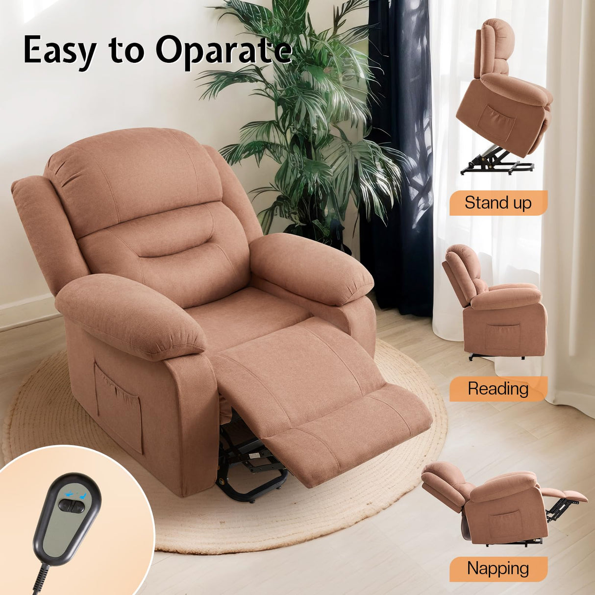 Jocisland Power Lift Recliner Chair for Elderly, Adults Electric Reclining Chairs with Remote Control, Side Pockets, Motorized Sofa for Living Room Bedroom, Infinite Position, Brown Jocisland