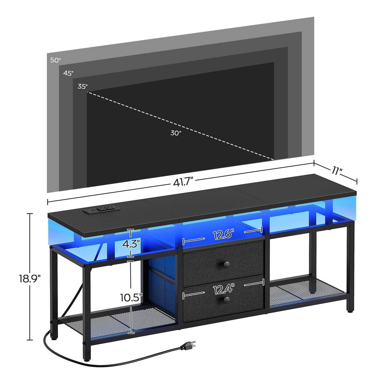 YATINEY TV Stand with LED Light and Power Outlets, Entertainment Center with Fabric Drawers and Open Shelves, TV Cabinet for TVs up to 50 Inch, Media Console for Living Room, Bedroom, Black DS03UDBB YATINEY