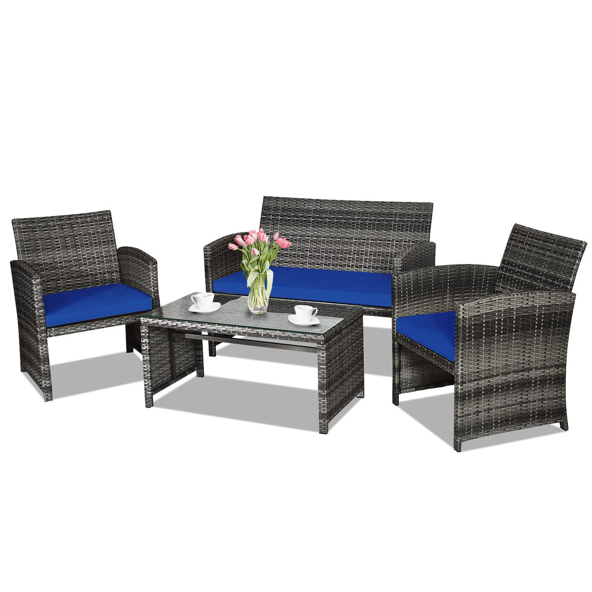 Goplus 4-Piece Rattan Patio Furniture Set, Outdoor Wicker Conversation Sofa with Weather Resistant Cushions and Tempered Glass Tabletop for Lawn Backyard Pool Garden (Blue) Goplus