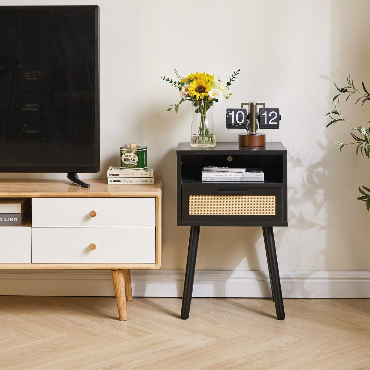 IBUYKE Rattan Nightstand, Boho Side Table with Drawer Open Shelf, Wood Accent Bedside Table, End Table with Legs for Bedroom, Living Room and Small Spaces, Black UWNS009B IBUYKE
