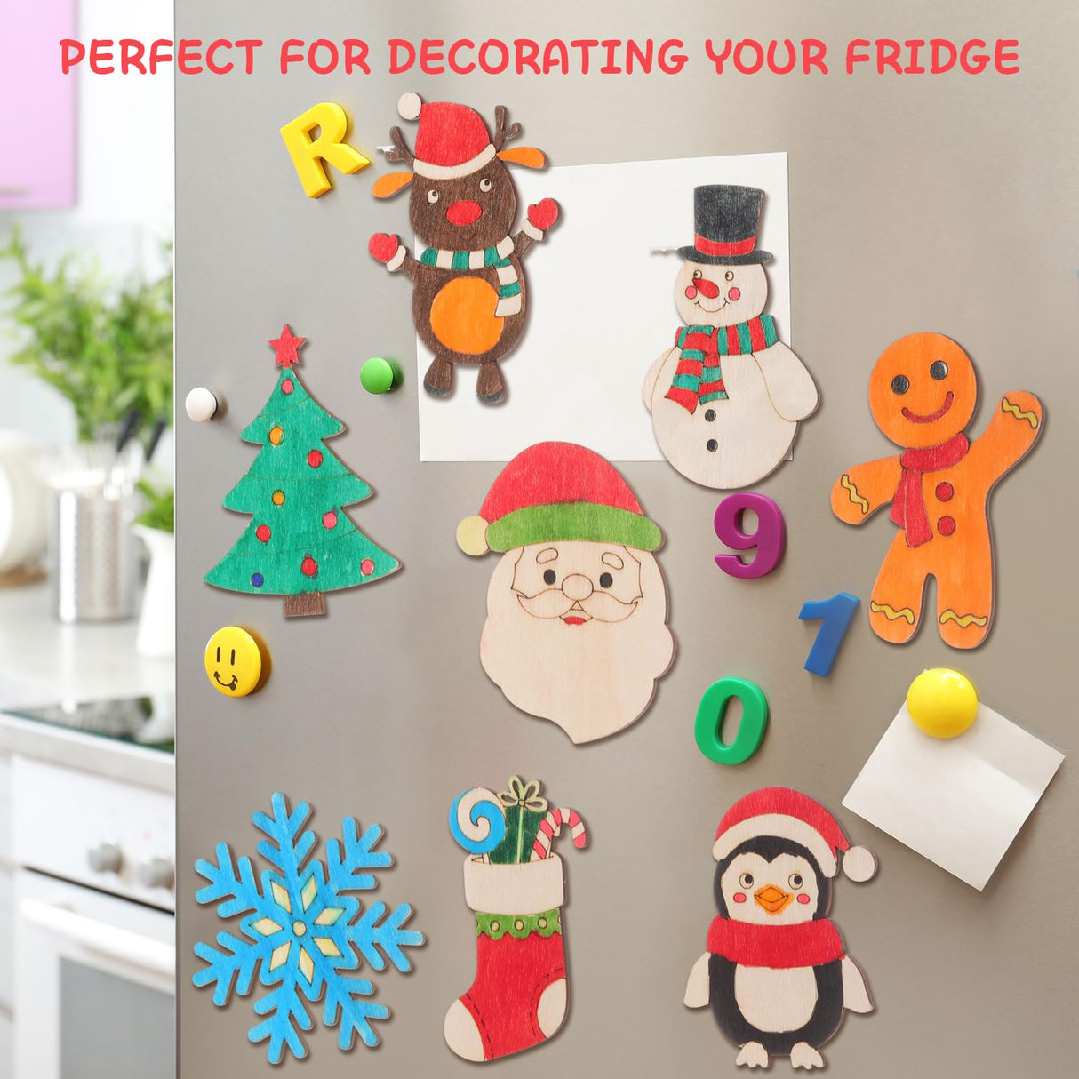 Blueweenly 84 Pcs DIY Wood Christmas Craft Magnets Set for Kids Christmas Day Craft Wooden Ornaments Unfinished Slices in 9 Styles Ornaments to Paint Crafts for Kids Blueweenly