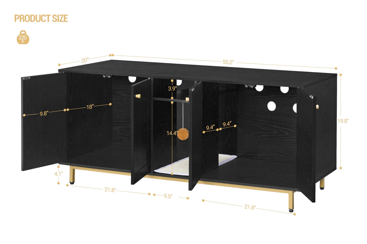 Hzuaneri Cat Litter Box Enclosure, Hidden Litter Box Furniture, Wooden Pet House Side End Table, Storage Cabinet Bench for Living Room, Bedroom, 55.2 x 20 x 23.9 inches, Black and Gold CB81504A Hzuaneri