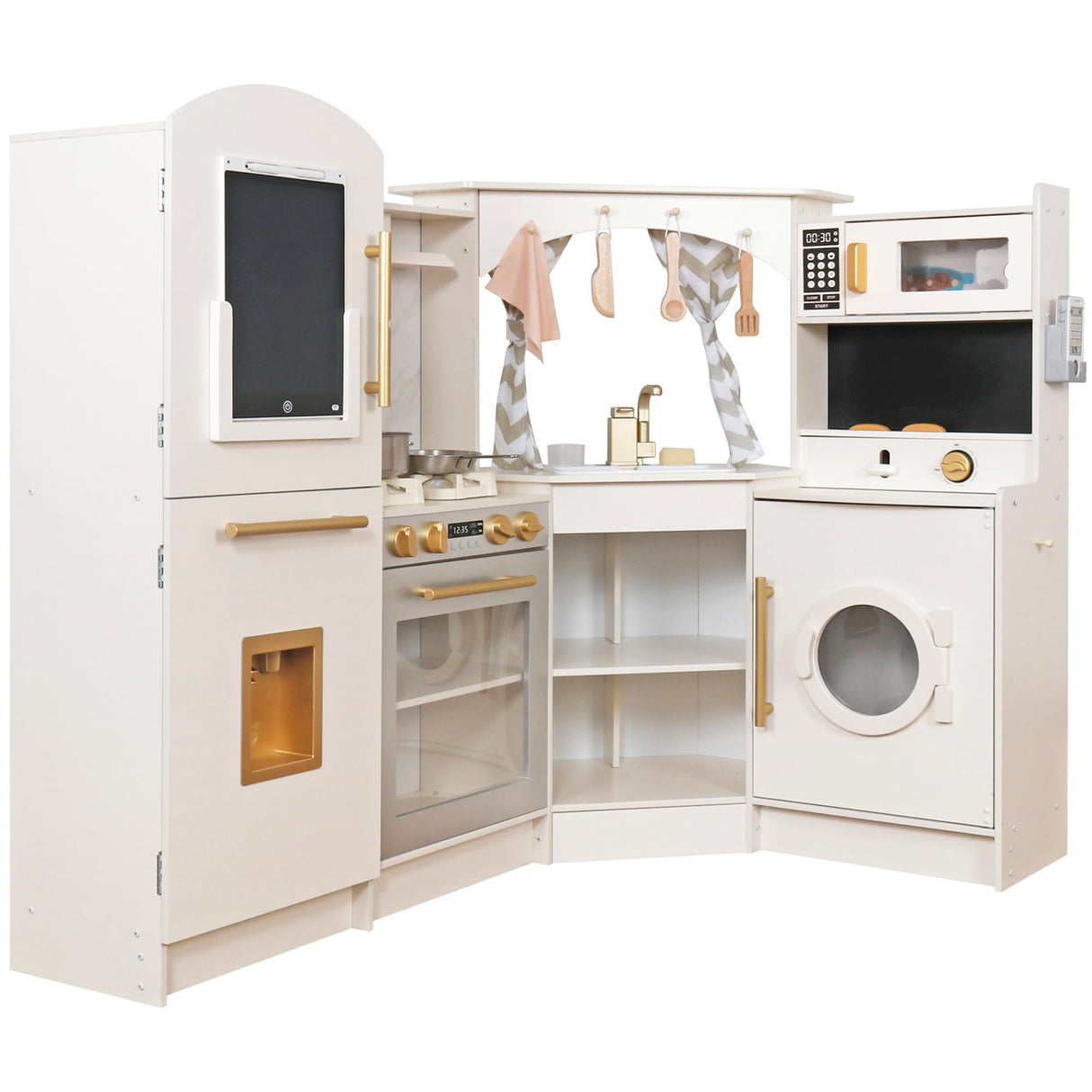 Large Wooden Corner Play Kitchen Sets with Ice Maker,Water Dispenser,Bread Maker,Washing Machine,Electronic Display,Toy Sink with Running Water,Stove with Light&Sounds, Birthday Gift for 3+Boys Girls Buoyantkids