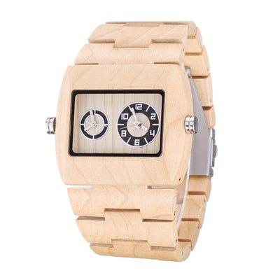 BEWELL Wooden Watch, Square Dial Dual Time Display Quartz Wood Watches for Men