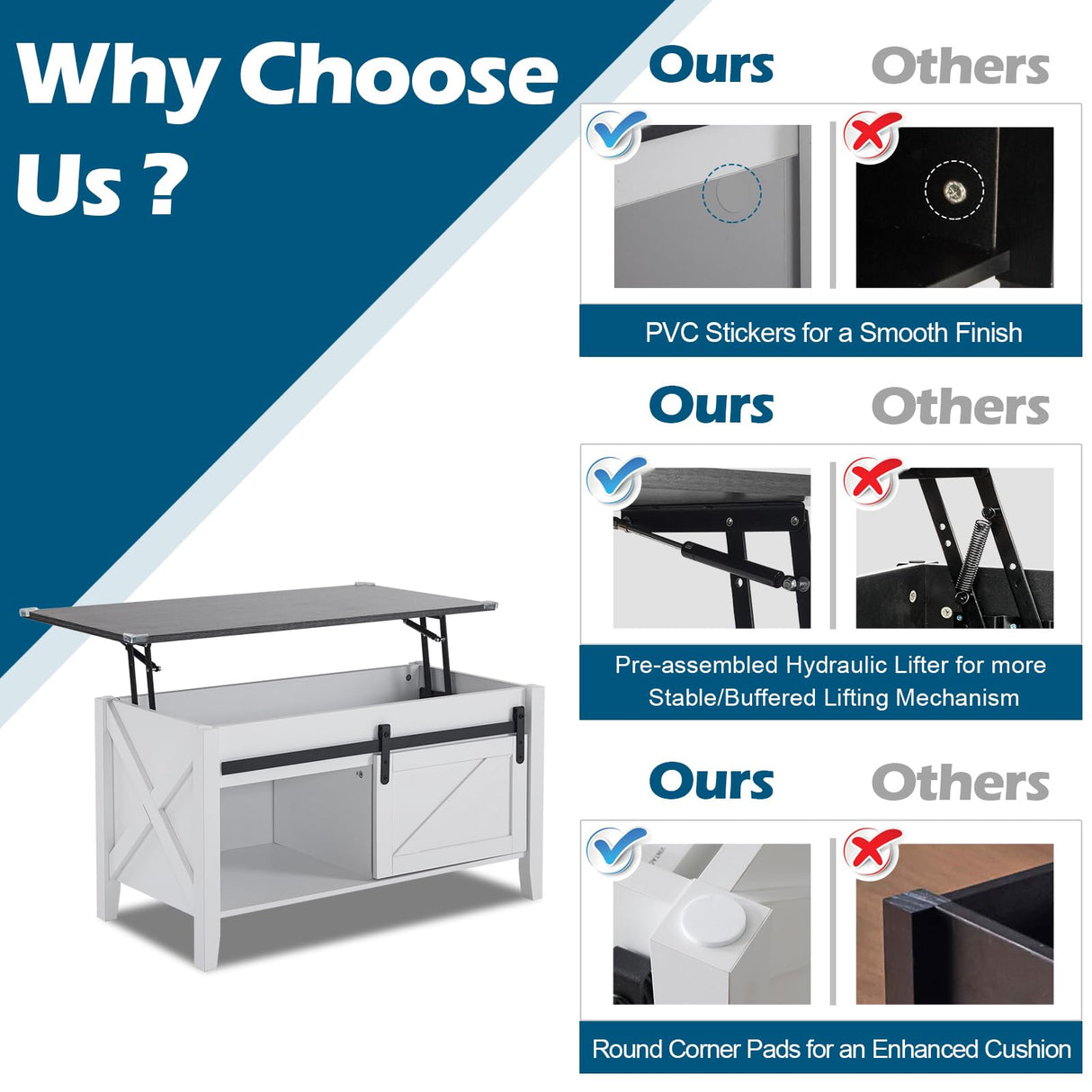 VINGLI White Charcoal Lift Top Coffee Table, 36" Small Farmhouse Barn Door Coffee Table with Storage, Rectangular Center Wood Coffe Table with Lifting Top, Living Room Tables with Hidden Compartment VINGLI