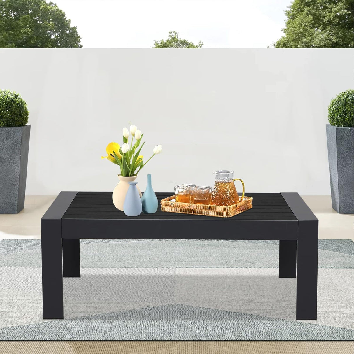 Wisteria Lane Aluminum Outdoor Furniture Patio Coffee Table, All-Weather Outdoor Metal Coffee Table, Modern Rectangle Coffee Table for Balcony, Garden, Black Wisteria Lane