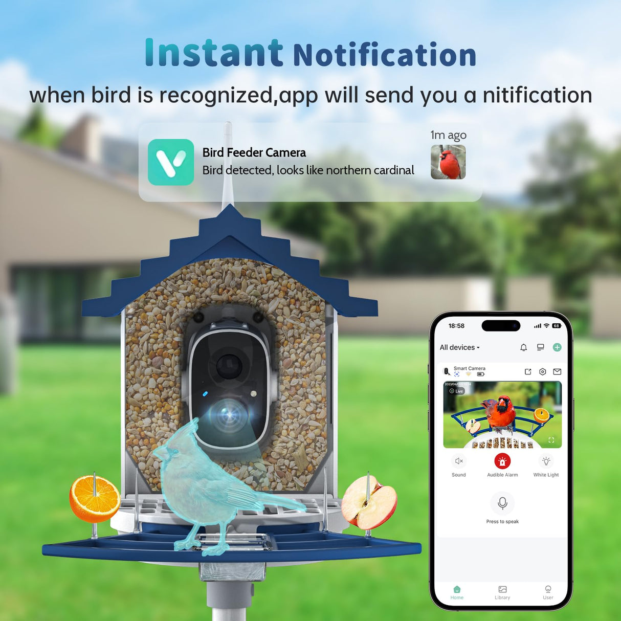 Smart Bird Feeder with Camera Solar Powered & AI Bird Identification, 2.4Ghz WiFi Camera Bird Feeder, 2K Hd Live Video Bird Feeder Camera, Nstant Arrival Alerts - Best Gifts for Bird Lovers NAVFS
