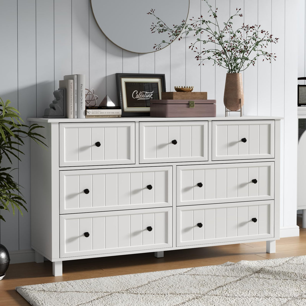 Farmhouse Dresser with 7 Drawers, White Dresser for Bedroom, Chest of Drawers, Modern Dresser for Closet, TV Stand with Large Drawers, Storage Dresser Organizer Clothes for Living Room, Hallway Gyfimoie