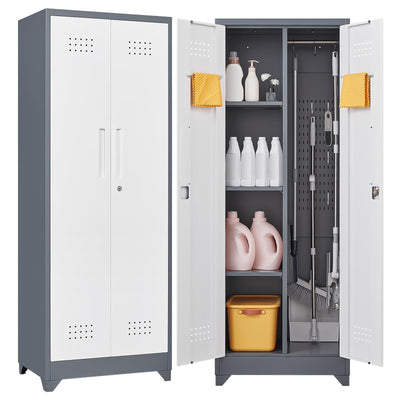 65"H Broom Closet Storage Cabinet, Utility Closet for Brooms and Mops, Cleaning Metal Storage Cabinet with Pegboard and Hanging Rod, Broom Closet with Doors and Adjustable Shelves,Garage,Grey-White