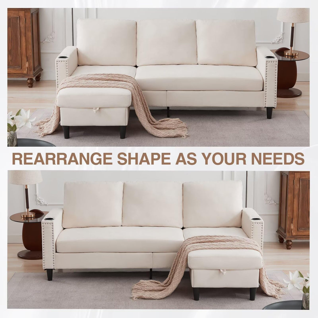 POYISOU Sectional Couches for Living Room, L Shaped Couch with Storage Ottoman, Small Sofa Comfy Couch with 2 Cup Holders, Modern 3 Seater Convertible Sofas for Apartment, Office, Beige POYISOU