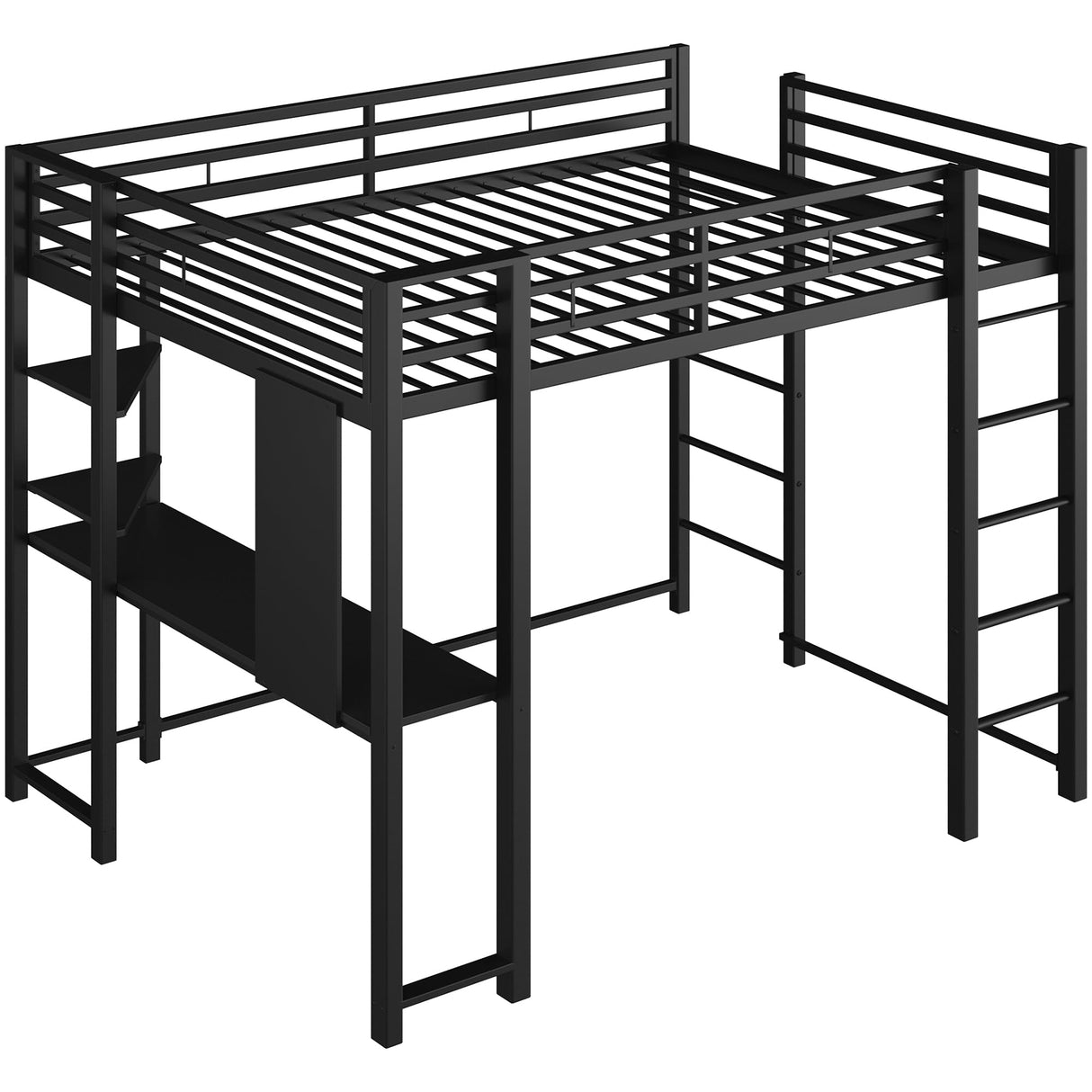 Shintenchi Loft Bed Full Size with Desk and Storage Shelves, Frame with 2 Side Ladders for Kids, Teens Adults, Spcace-Saving Noise-Free and Anti-tilt Design, Black Shintenchi