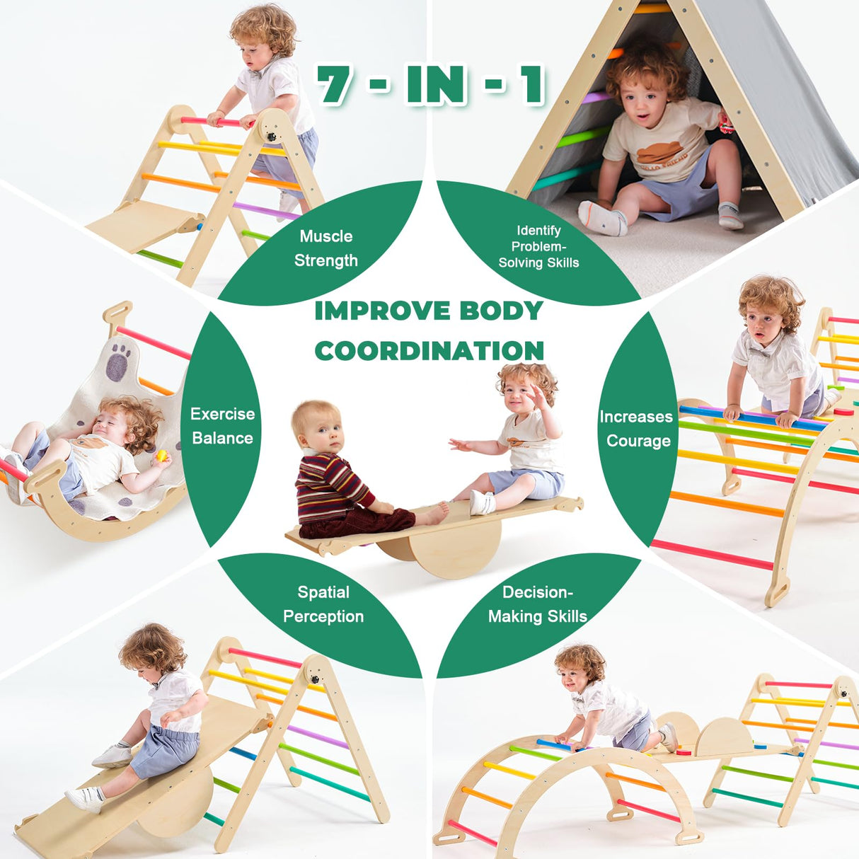 7-in-1 Pikler Triangle Set - Wooden Toddler Climbing Toys, Indoor Playground with Ramp for Sliding or Climbing, Jungle Gyms for Toddlers, Montessori Climbing Set-Medium nigwet