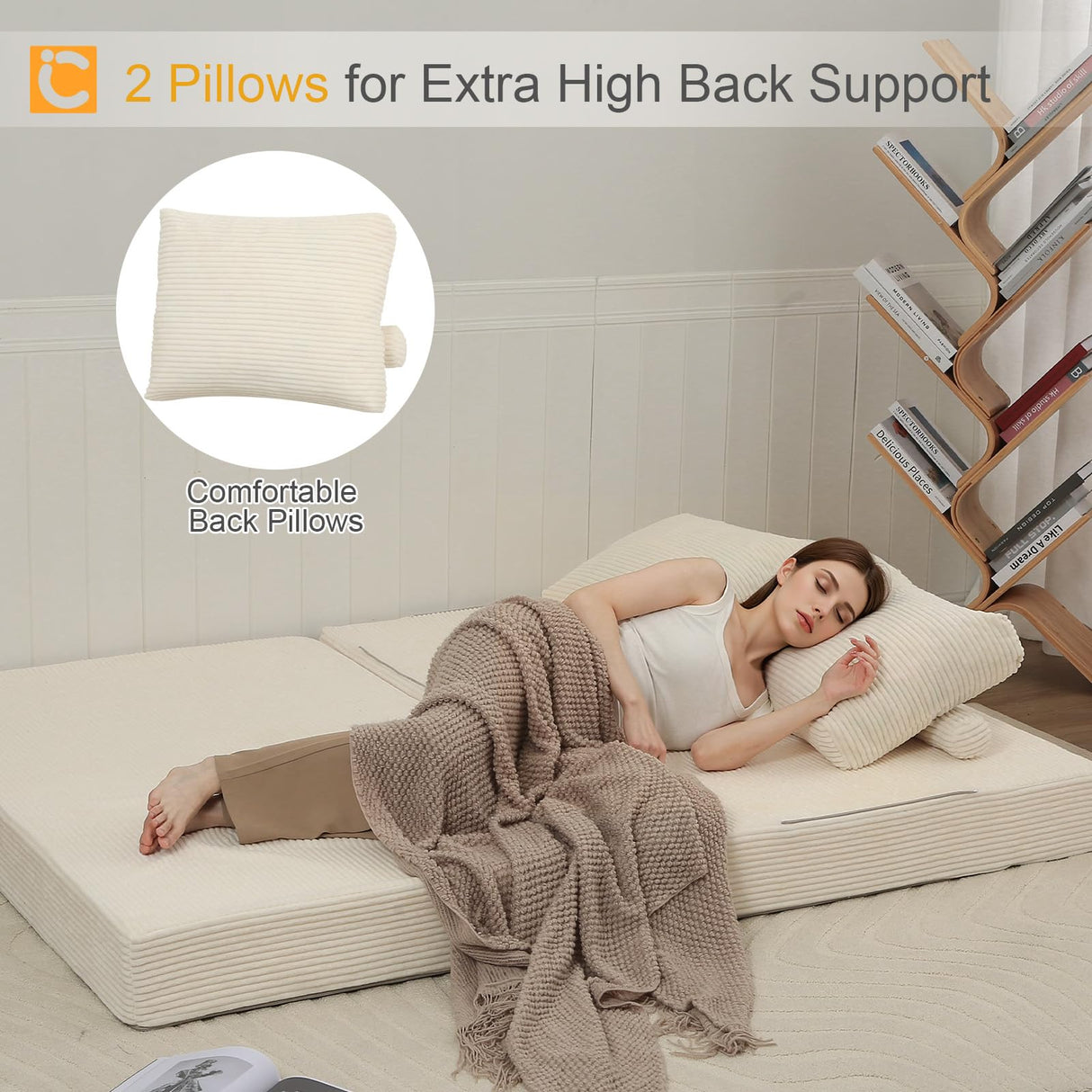 COMAX Convertible Sofa Bed, Folding Floor Couch Corduroy Fold Out Couch Bed Futon Sleeper Mattress with Pillows, Boneless Sofa Comfy Lounge Loveseat for Living Room Bedroom, Beige COMAX