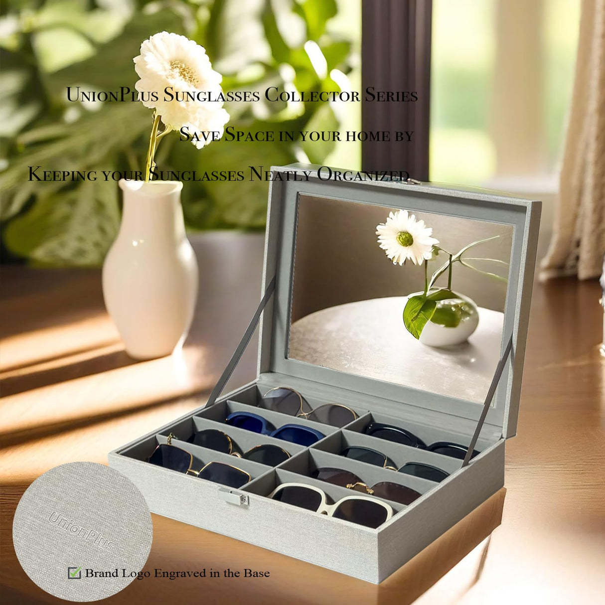 UnionPlus 8-Slots Sunglasses Case Organizer, Eyeglass Glasses Display Holder Collector, Multiple Sunglasses Storage Case, Beige Liner Faux Leather UnionPlus