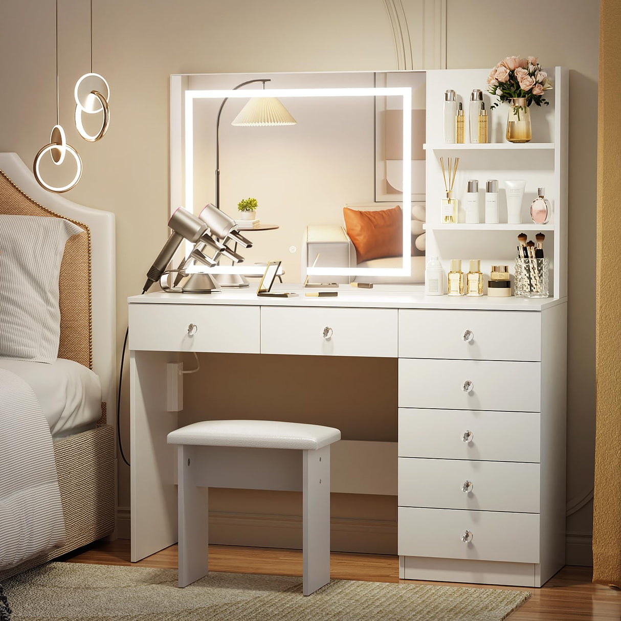 VOWNER Vanity with Lighted Mirror - 47" Makeup Vanity Desk with 7 Drawers, 3 Storage Shelves and Outlet, 3 Color Lighting Modes with Adjustable Brightness, Makeup Desk with Stool for Bedroom, White VOWNER
