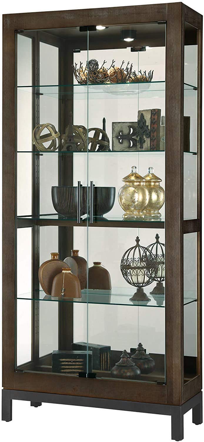 Howard Miller Quinn III Curio Cabinet 680-680 – Aged Java Finish Home Decor, Four Glass Shelves, Five Level Display Case, No-Reach Roller Halogen Light Howard Miller