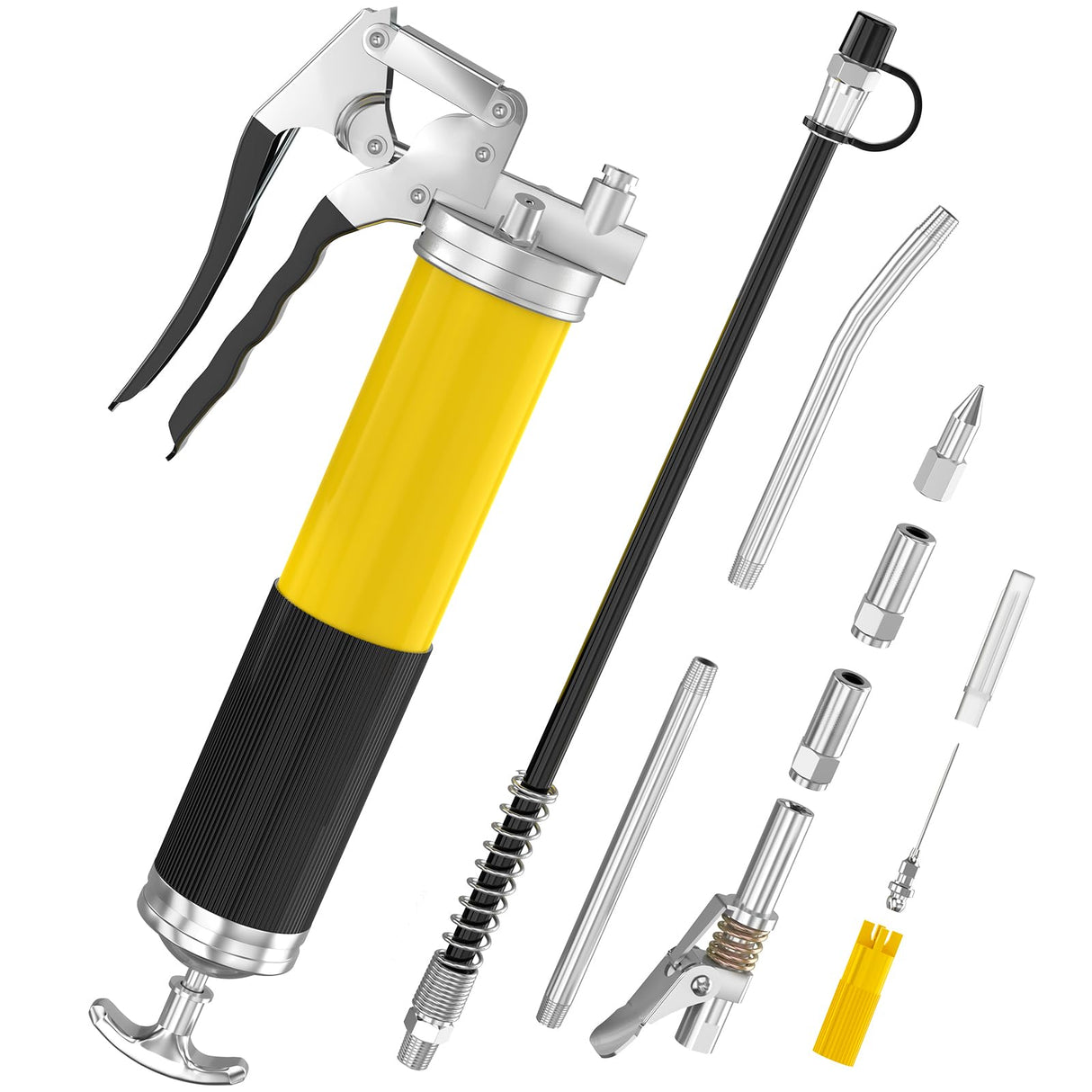 Grease Gun with Needle Coupler, 8000 PSI Heavy Duty Pistol Grip Grease Gun Kit with 14 oz Load, 18 Inch Spring Flex Hose, 2 Working Coupler, 2 Extension Rigid Pipe, Sharp Type Nozzle and Clean Cap WYBENZ