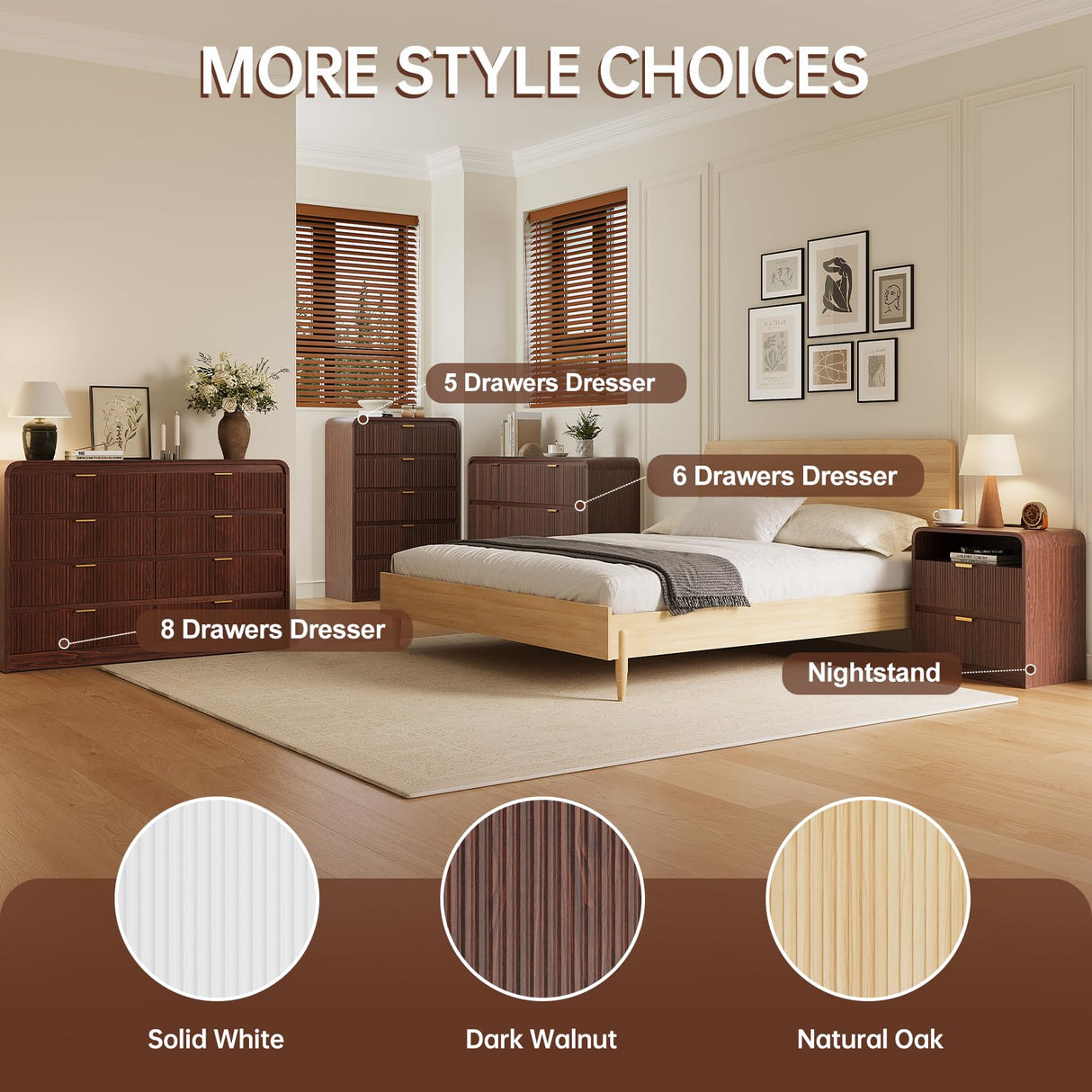 FURSUN Fluted 6 Drawers Dresser for Bedroom, 54" Wide Wooden Dresser with Metal Handle, Curved Profile Design, Modern Storage Organizer for Bedroom, Living Room, Hallway, Walnut FURSUN