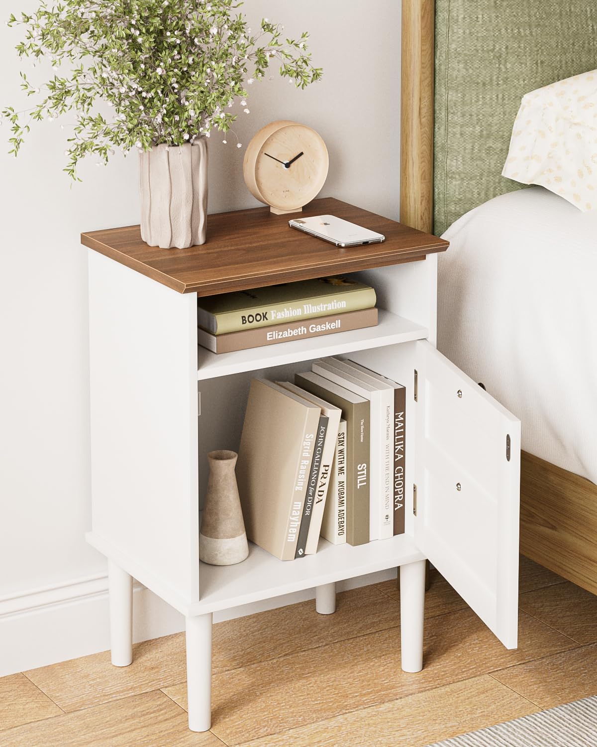 Apetaccat Nightstand, Boho Night Stand with 1 Drawer, Modern Side Accent Table with Open Shelf, Wooden Top Bedside End Table for Bedroom, Living Room, White Apetaccat