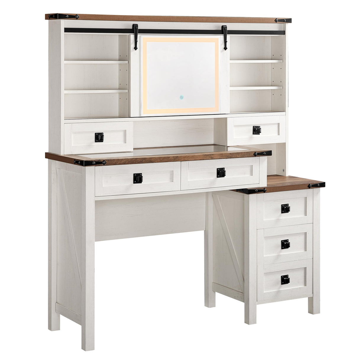 RedLemon 48'' Farmhouse Makeup Vanity Desk with Led Lighte Mirror,Modern Vanity Table with 7 Drawers & Charging Station, Glass Top Dressing Table for Bedroom (Antique White) RedLemon