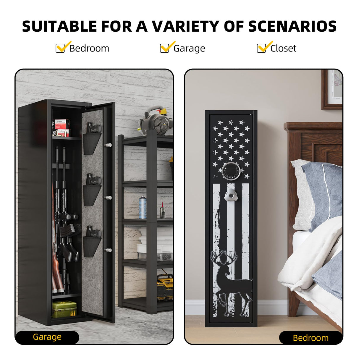 Xyvaly Deep Rifle Gun Safe for 2-4 Guns, Fits Rifles Safe with Scopes, Gun Safe for Rifles and Pistols, Gun Cabinet with 3 Pistol Pouches,Tall Steel Guns Safes with Quick Open Display Keypad Xyvaly