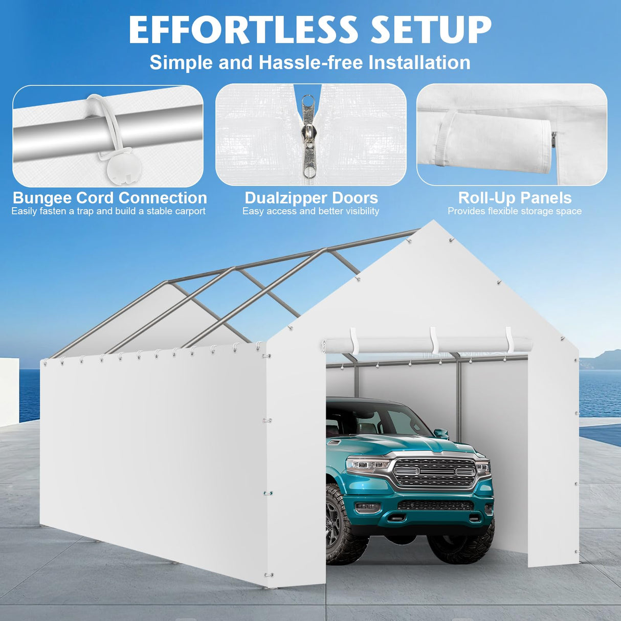 Carport Replacement Canopy Cover Sidewalls for 10x20FT Frame, Heavy Duty Garage Car Tent Shelter Tarp with Ball Bungees, Waterproof & UV Protected (White, Frame is not Included) Yustuf