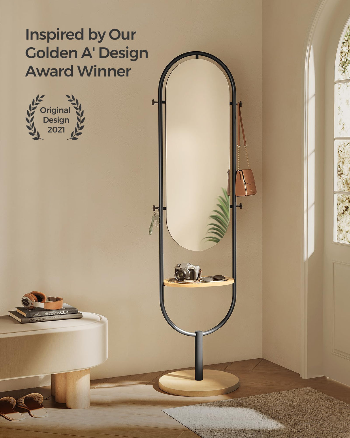 SONGMICS Full-Length Floor Mirror, 3-in-1, Modern Standing Full Body Mirror, Inspired by Original Award-Winning Design, 16.5 x 18.9 x 68.9 Inches, Living Room, Bedroom, Oak Beige and Ink Black SONGMICS