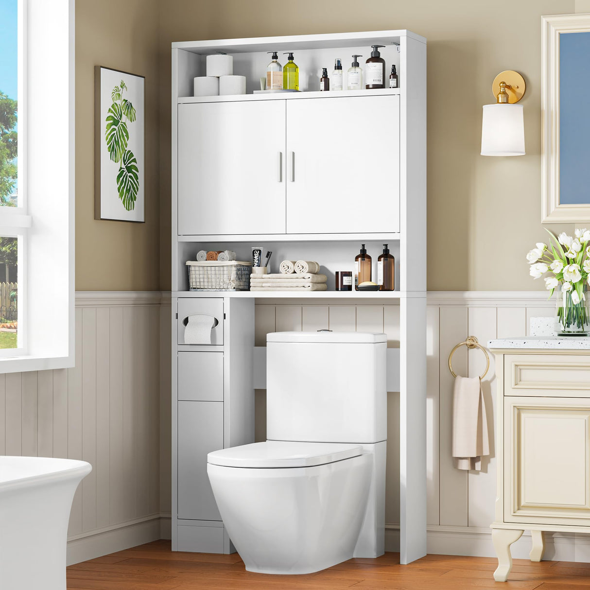 YITAHOME Over The Toilet Storage, Bathroom Storage Over The Toilet, Bathroom Cabinet with Adjustable Shelves, Double Doors, Trash Can Placement Ring, Tissue Box Holder for Bathroom (White) YITAHOME