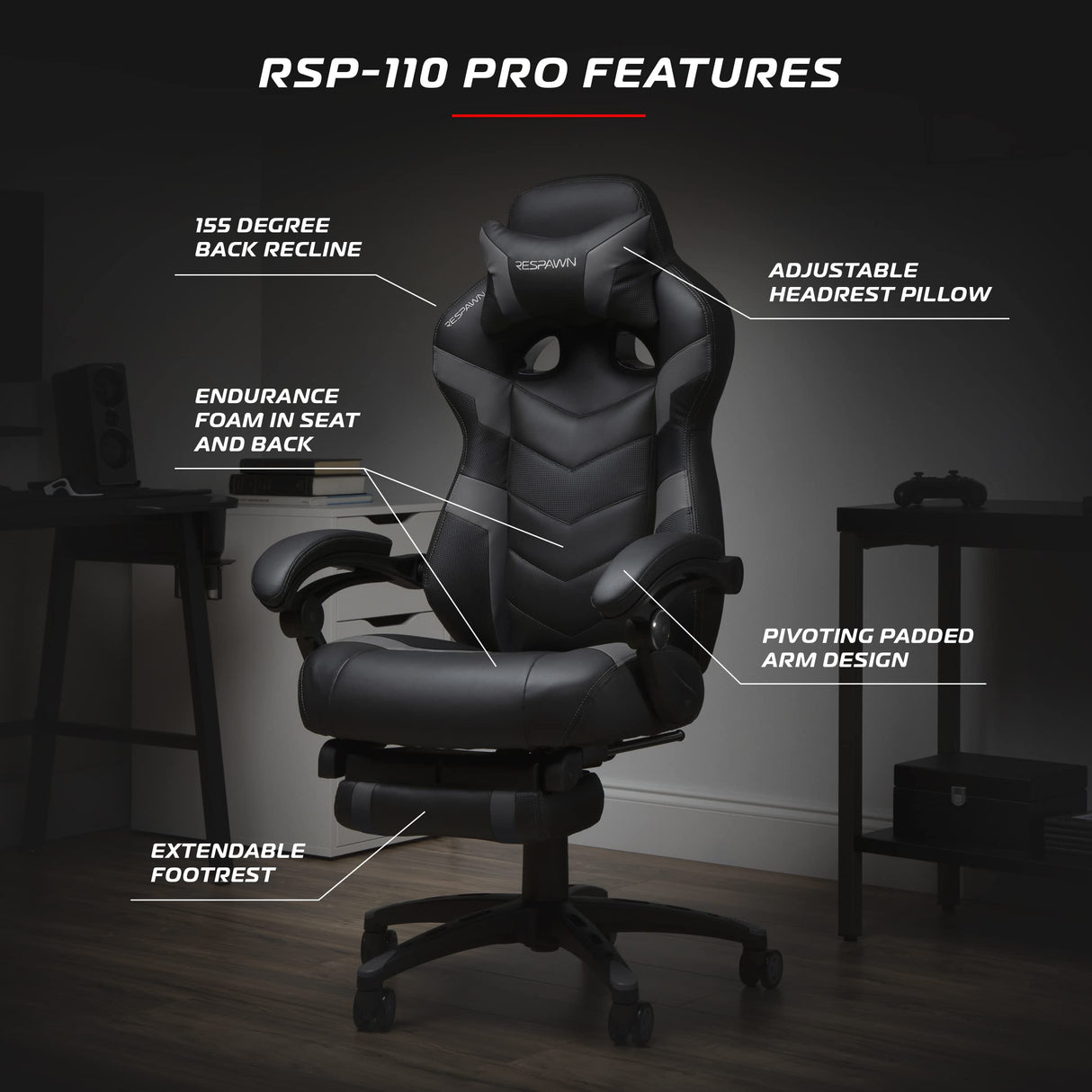 RESPAWN 110 Pro Gaming Chair - Gaming Chair with Footrest, Reclining Gaming Chair, Video Gaming Computer Desk Chair, Adjustable Desk Chair, Gaming Chairs For Adults With Headrest Pillow - Grey RESPAWN