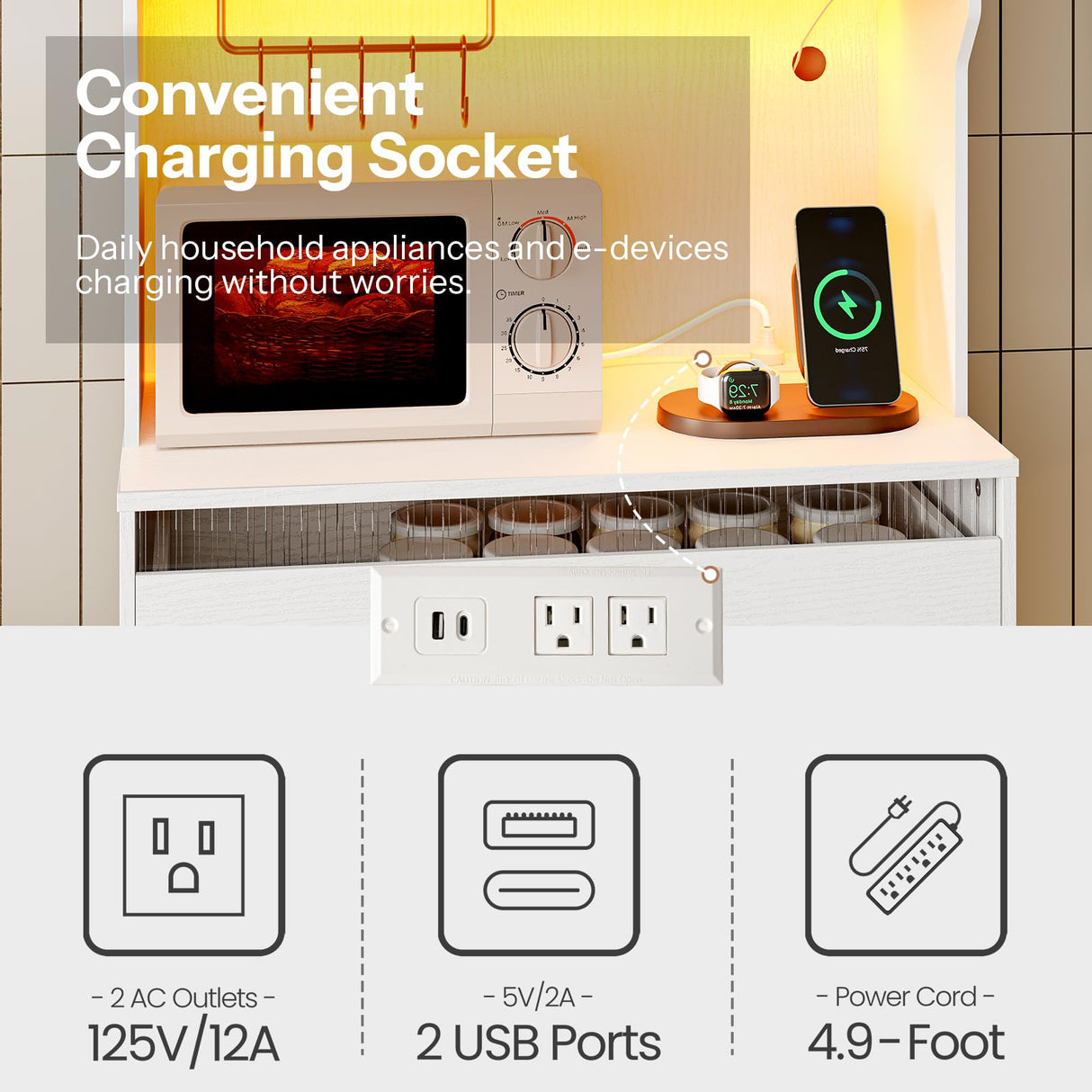 HOOBRO Pantry Cabinet, 67" Kitchen Pantry Storage Cabinet with LED Lights and Charging Station, Modern Hutch Cabinet with Microwave Stand, Cup and Goblet Holders, Shelves for Kitchen, White HOOBRO