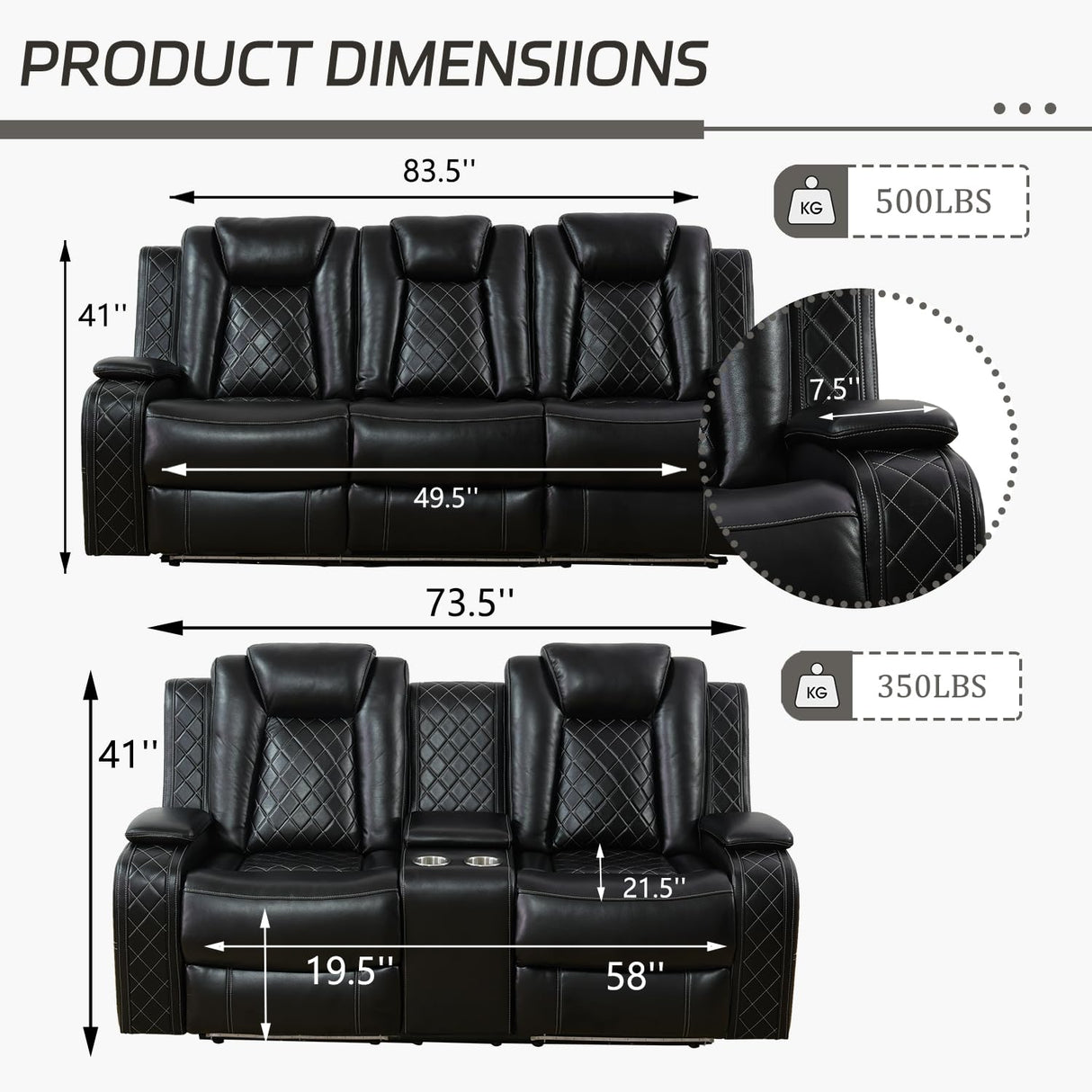 Plithzy Power Recliner Sofa Set with LED, Breathing Leather Living Room Furniture, Reclining Leather Couches with USB Ports/Cup Holder/Armrest Storage for Home Theater (Sofa and Loveseat, Black) Plithzy