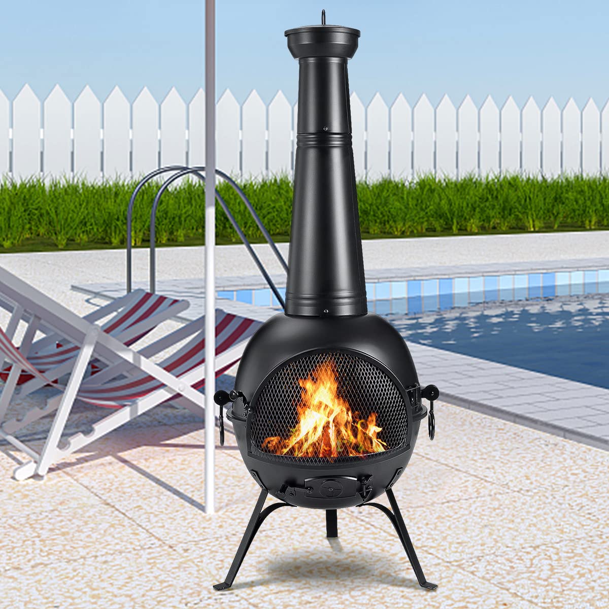 SINGLYFIRE Prairie Fire Outdoor Chiminea Fireplace Deck or Patio Backyard Wooden Fire Pit with Chiminea Cover Rust-Free Iron Black SINGLYFIRE