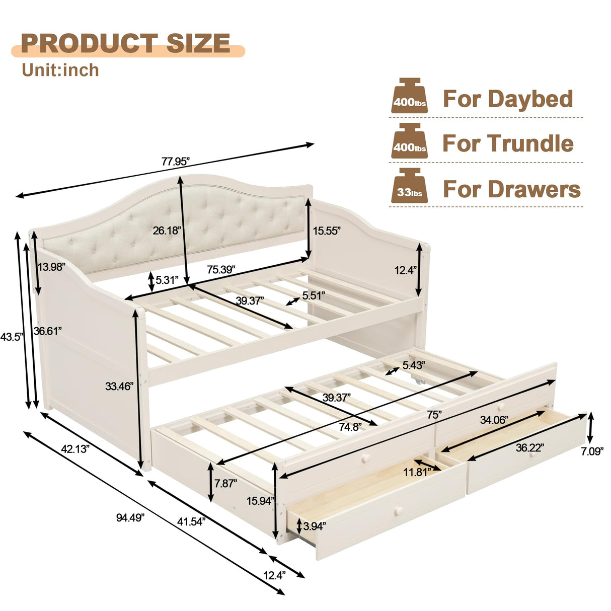 Merax Twin Daybed with Trundle and 2 Storage Drawers, Wooden Sofa Bed Twin Bed Frame with Upholstered Button Tufted Backrest for Living Room, Bedroom, Guest Room (Beige) Merax