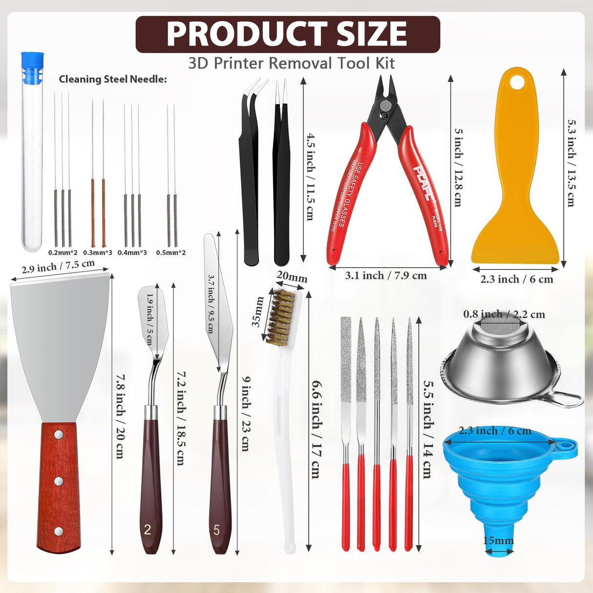 25 Pcs 3D Printer Tools Kit 3D Printing Accessories Include 2 Wire Brush 1 Putty Knife 1 Plastic Shovel 5 Diamond Files 2 Tweezer 10 Needles 1 Plier 1 Funnel 2 Scraper for Cleaning Removing Finishing Minatee
