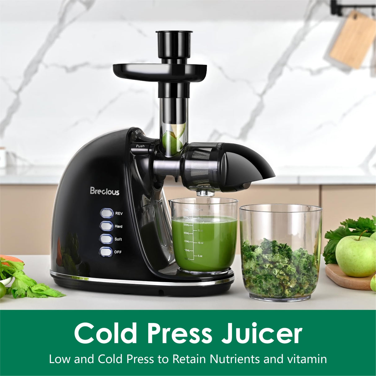 Slow Masticating Juicer,Brecious Cold Press Juicer with 2 Speed Modes & Quiet Motor,Juicer Machines Vegetable and Fruit with Reverse Function,Celery Juicer,BPA-Free,Easy to Clean (Black) BRECIOUS