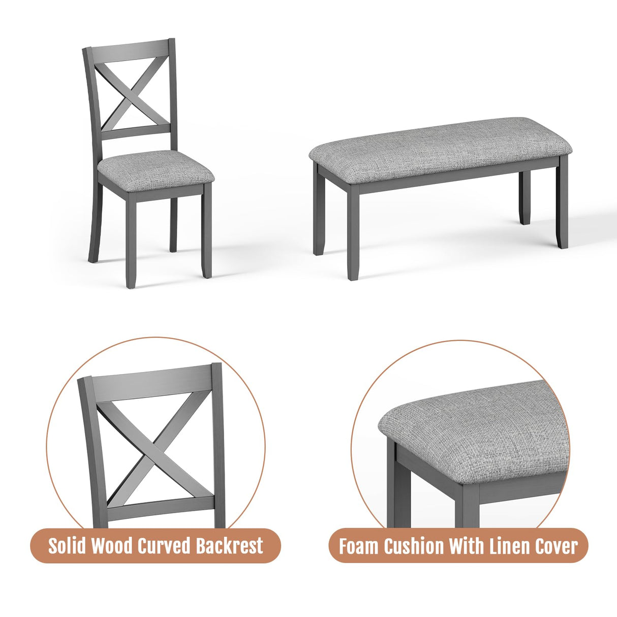 Zevemomo 6-Piece Wooden Dining Table Set, Dining Table Set for 6, Including 1 Dining Table, 4 Upholstered Chairs and 1 Bench, Wooden Legs Dining Table, Table Set for Dining Room, Grey Zevemomo