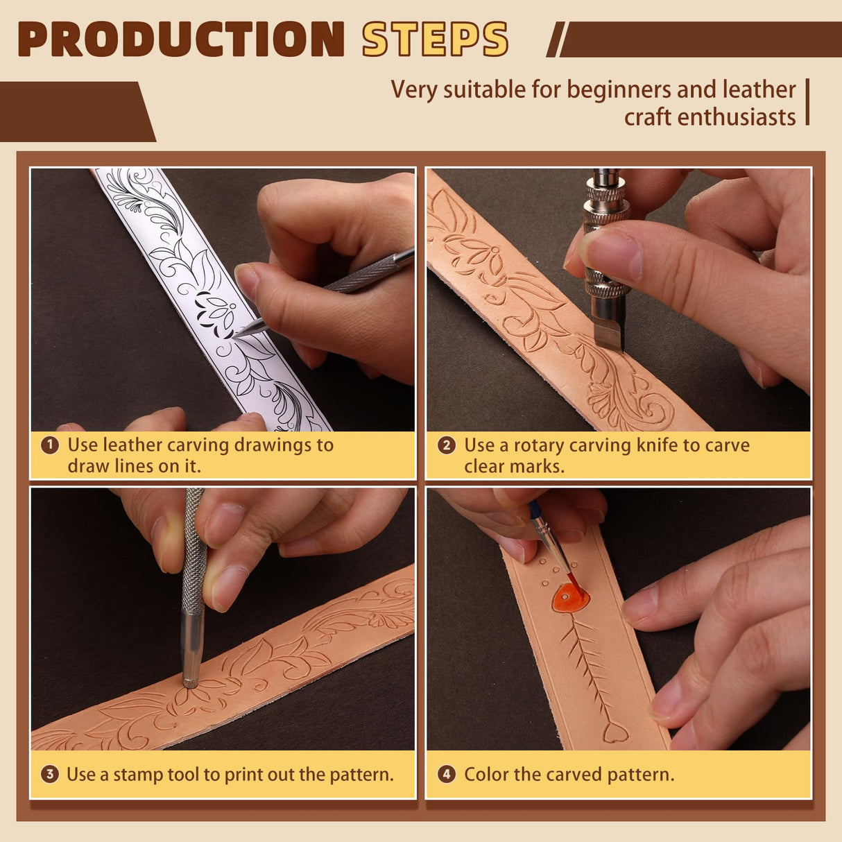 Leather Crafting Kit: Leather Working Tools and Supplies for DIY Craft Beginners Stamping Dyeing Carving Sewing Edge Sealing with Video Tutorials for Earrings Wallet Keychain Wristband Bookmark CBHGFEA