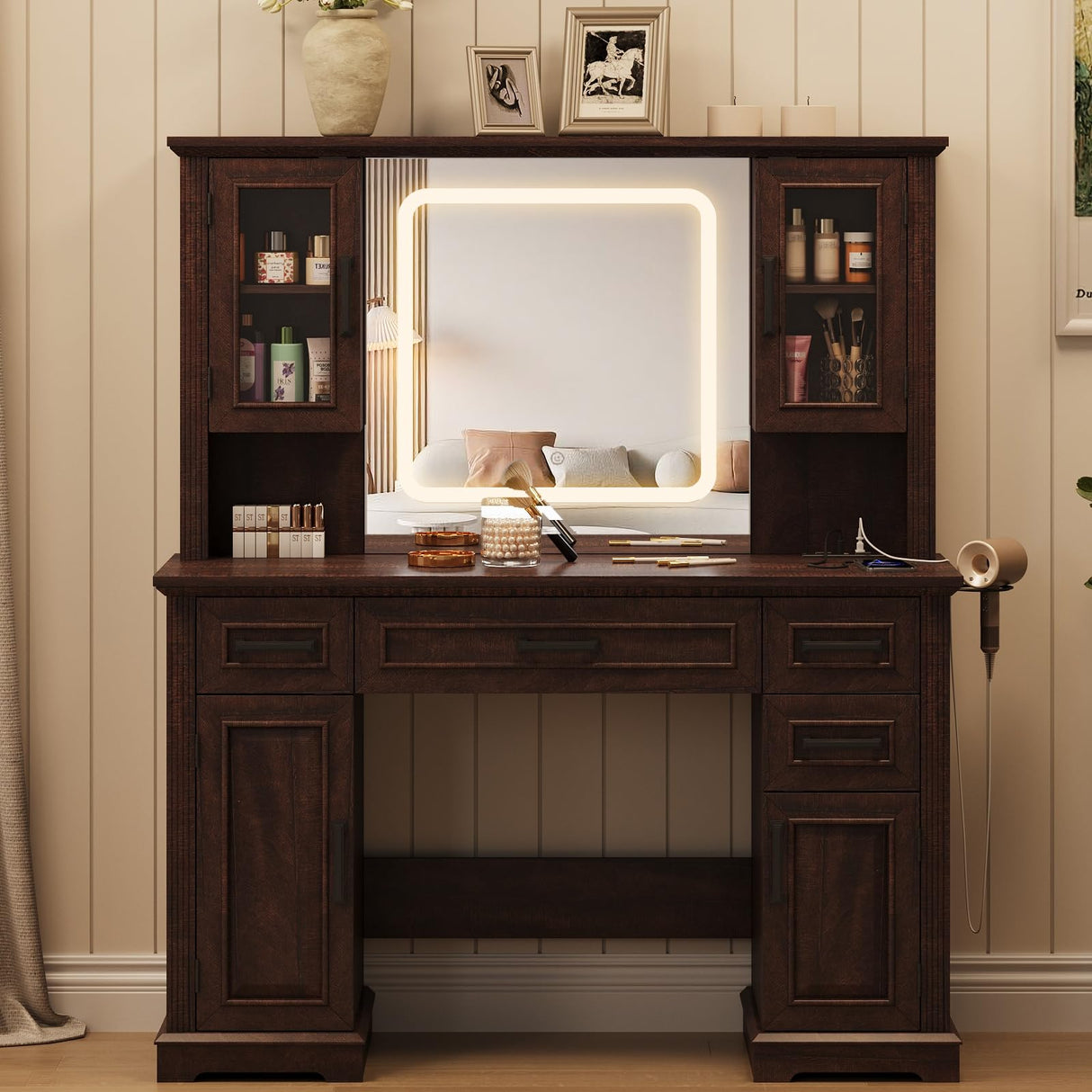 Maupvit Farmhouse Vanity Desk with Mirror and Lights, Makeup Vanity Table with Charging Station, 45" Bedroom Table with 4 Drawers and Cabinets, 3 Lighting Modes, Brown Maupvit