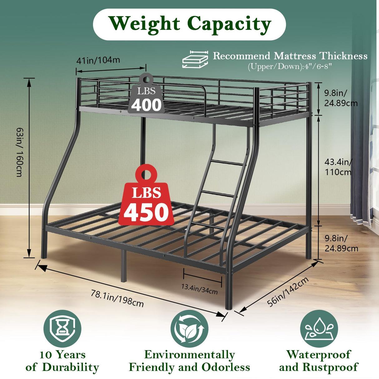 Cyranture Bunk Beds Twin Over Full Size, Heavy Duty Bunk Beds with Bottom Space & Guardrail Metal Bunk Bed Frame for Aldults Dorm Bedroom Guest Room, No Box Spring Needed(Upgrate Black) Cyranture