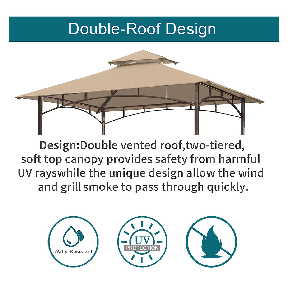 Grill Gazebo Replacement Canopy Top - Wonwon 5x8 Gazebo Roof Double Tiered Outdoor BBQ Roof Cover Grill Shelter Only Fit for Model L-GG001PST-F (Beige) Wonwon