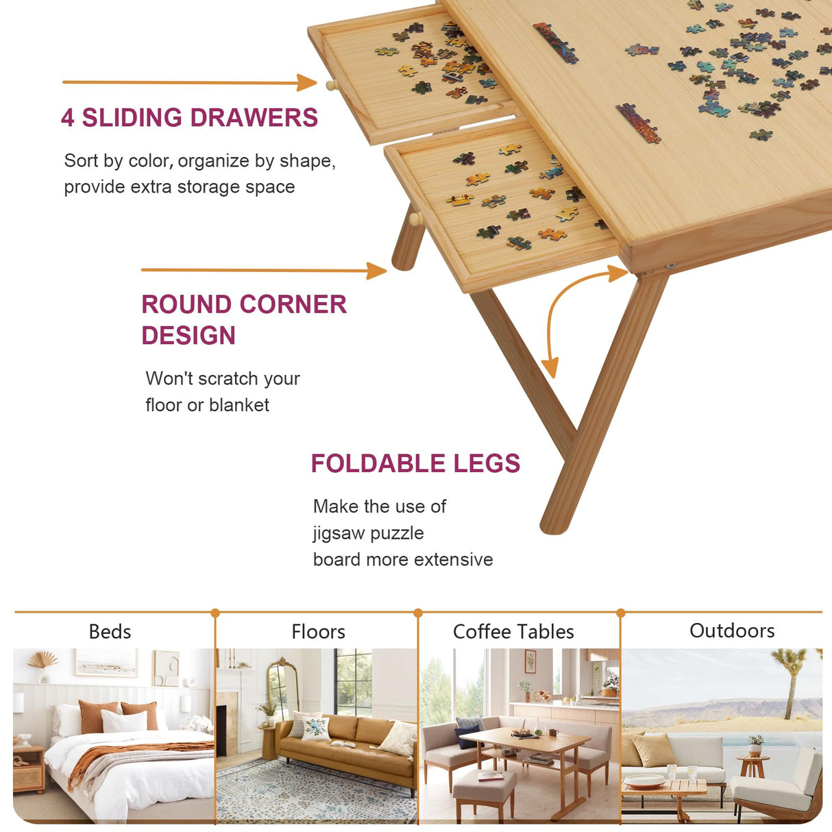 2000 Piece Portable Puzzle Table with Folding Legs, 41.3"X27.5" Wooden Jigsaw Puzzle Board with 4 Drawers & Cover, Family Multifunctional Folding Table for Adults and Kids TEAKMAMA