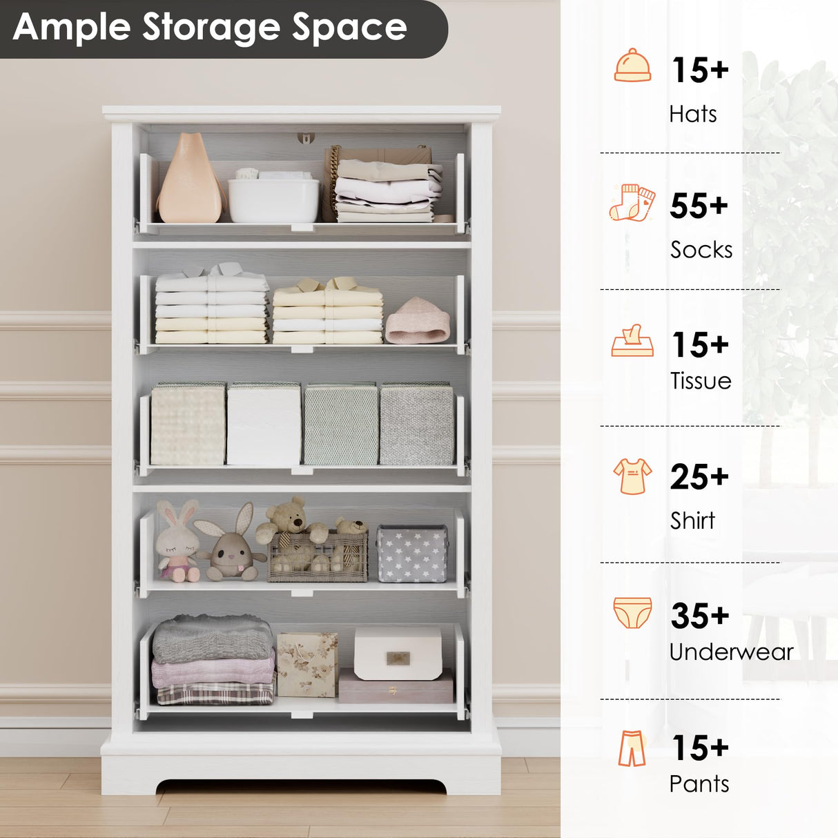 HOSTACK Dresser for Bedroom, 44" Tall Dresser with 5 Drawers, White Chest of Drawers with Storage, Modern Farmhouse Wood Dressers for Closet, Living Room, Hallway HOSTACK