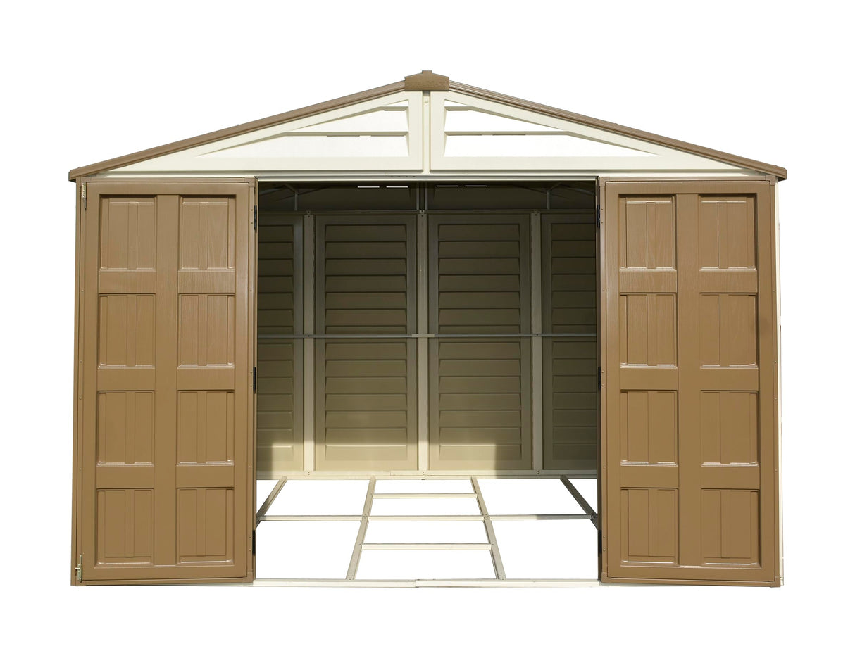 Duramax Woodbridge Plus 10.5 x 8 (8.02 m2) Plastic Garden Shed with 1 Fixed Window & Metal Foundation Kit, Strong Metal Roof Structure Fire Retardant and Maintenance-Free Storage Shed - Ivory/Brown DURAMAX