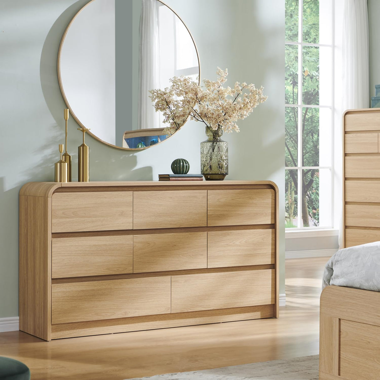 Aitjunz Modern 8 Drawers Dresser for Bedroom, 55" Wide Dressers & Chest of Drawers w/Curved Profile Design, Wood Mid Century Storage Dressers Organizer for Bedroom, Living Room, Natural Oak Aitjunz