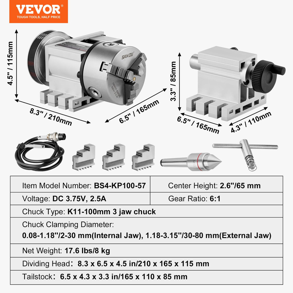 VEVOR Dividing Head, K11-100mm 3-Jaw Chuck, CNC Router Milling Machine Rotational Axis 4th Axis A Axis Indexing Head, 2.6"/65 mm Center Height MT2 Tailstock 6:1 Gear Ratio, Universal for Engraving VEVOR