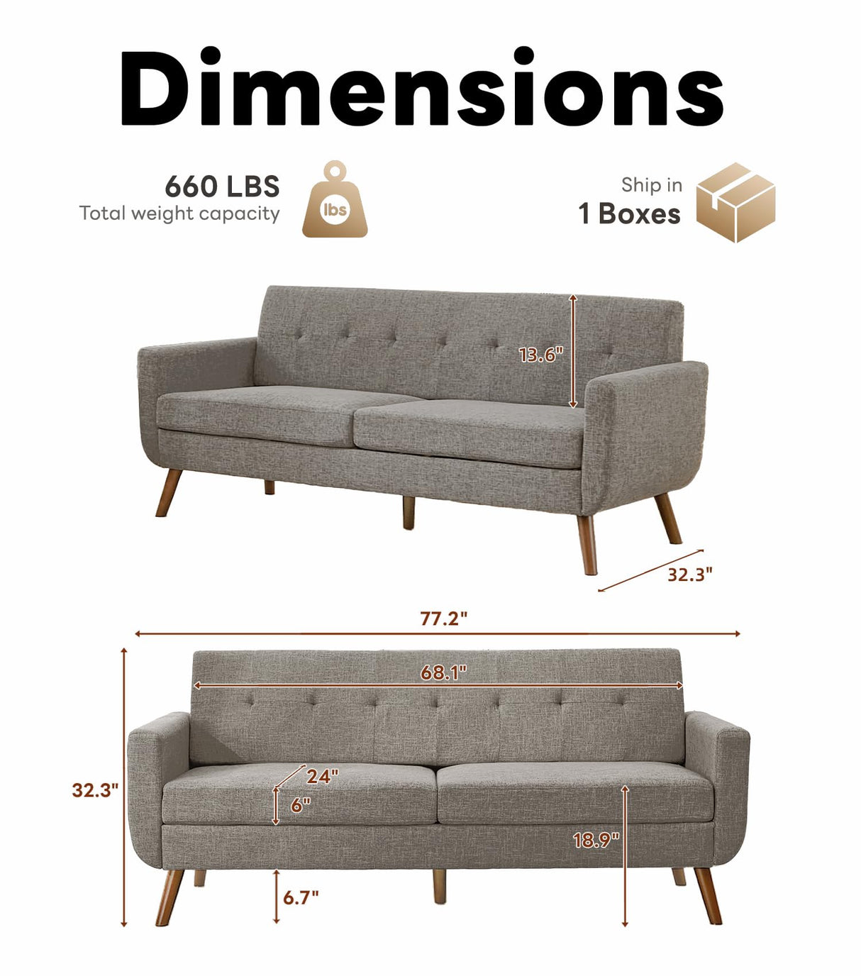 Tbfit 77.2" W Linen Sofa Couch, Mid Century Modern Decor Loveseat Couches for Living Room, Button Tufted Upholstered Small Couch for Bedroom, Solid, and Easy to Install Love Seats Furniture, Grey Tbfit