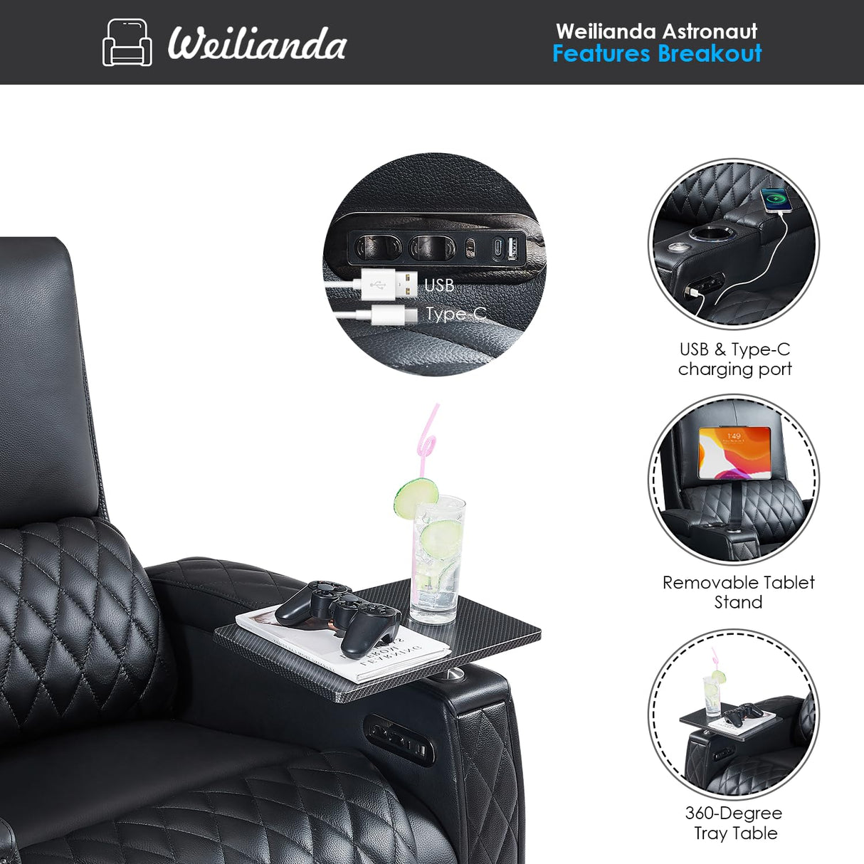 Weilianda Astronaut Zero Gravity Home Theater Seating Top Grain Leather Recliner Sofa Power Headrest Footrest with Carbon Fiber Tray Table, Tablet Stand, Type-C USB Charging, Cup Holder Row of 1 Black Weilianda