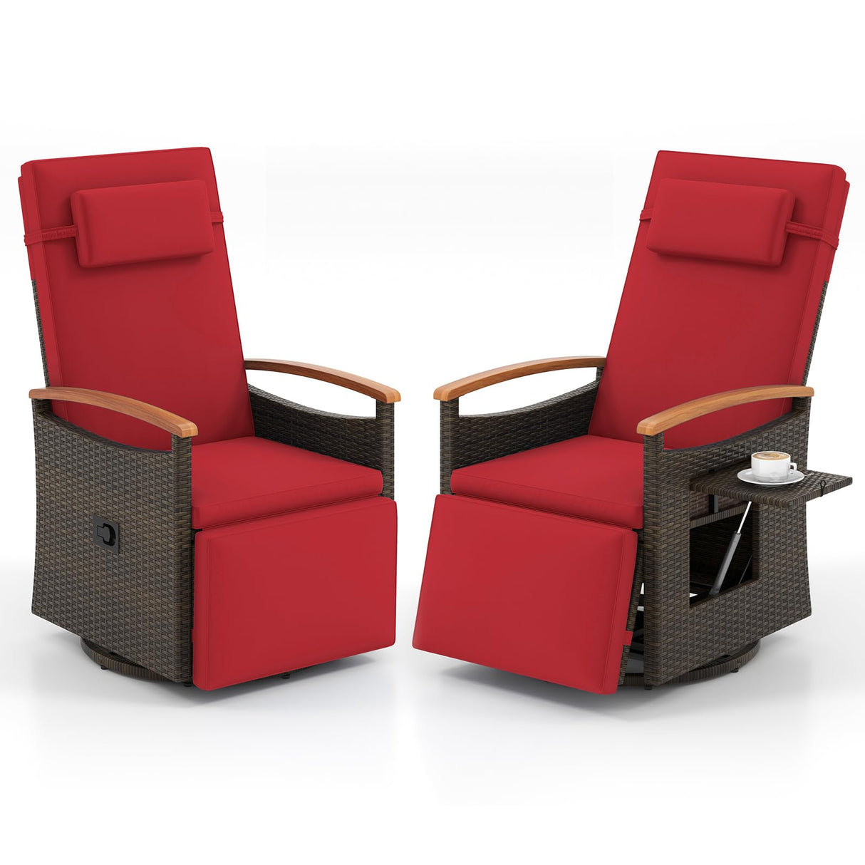 Tangkula Patio Rattan 360 Degree Swivel Recliner Chair, Wicker Lounge Chair w/Adjustable Backrest & Footrest, Cushioned Push Back Reclining Seat w/Flip Side Table for Porch, Yard, Lawn (Red,2) Tangkula