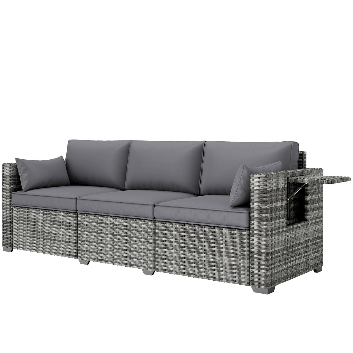 Outsunny 3 Seater Wicker Sofa with Side Tray Tables, Rattan Outdoor Patio Sofa with 6" Thick Back Cushions, Outdoor Wicker Couch with Deep Seating, Pillows for Porch, Garden, Backyard, Mixed Gray Outsunny