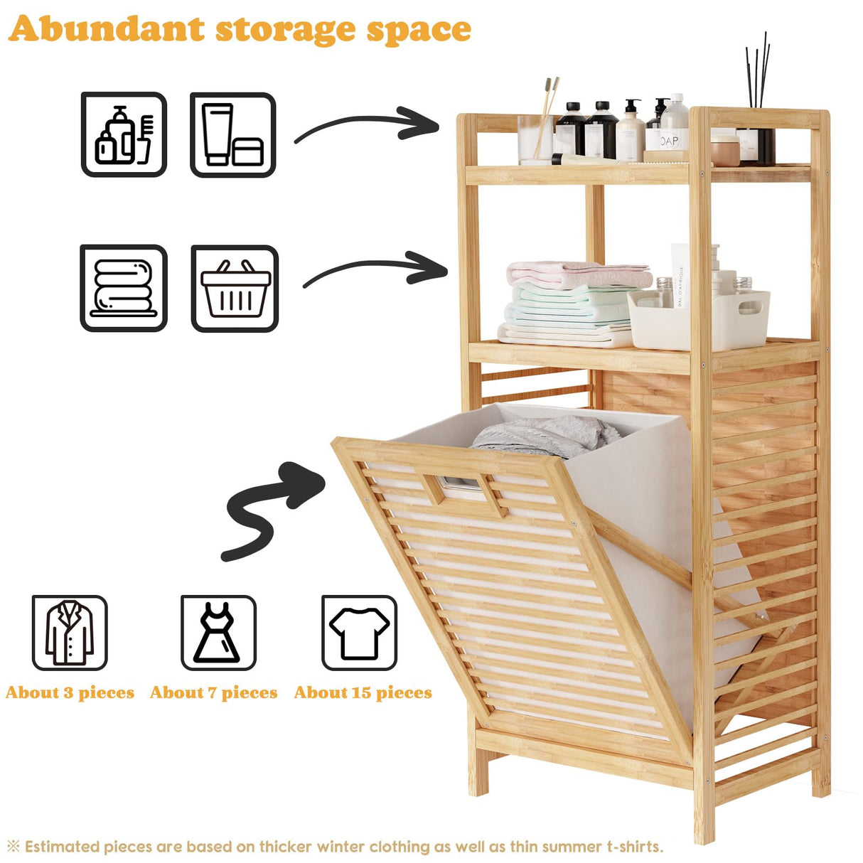 Lkeiyay Laundry Hamper Tilt-Out Laundry Linen Hamper Bamboo, 2 storage shelves and Removable Lining for Bedroom,Laundry Room,bathroom storage cabinet Lkeiyay